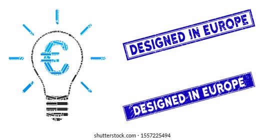 Mosaic Euro idea bulb icon and rectangle watermarks. Flat vector Euro idea bulb mosaic icon of random rotated rectangle elements. Blue caption rubber seals with grunged texture.