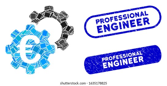 Mosaic Euro industrial and grunge stamp seals with Professional Engineer phrase. Mosaic vector Euro industrial is created with randomized rectangle items. Professional Engineer seals use blue color,