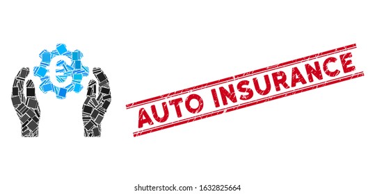 Mosaic Euro industry care hands icon and red Auto Insurance seal stamp between double parallel lines. Flat vector Euro industry care hands mosaic icon of randomized rotated rectangular elements.