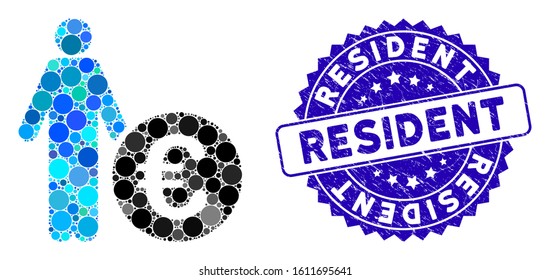 Mosaic Euro investor icon and rubber stamp seal with Resident text. Mosaic vector is designed with Euro investor icon and with scattered round items. Resident stamp seal uses blue color,