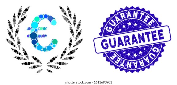Mosaic Euro laurel wreath icon and rubber stamp seal with Guarantee text. Mosaic vector is composed with Euro laurel wreath icon and with random round elements. Guarantee stamp seal uses blue color,