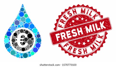 Mosaic Euro liquid drop and grunge stamp watermark with Fresh Milk text. Mosaic vector is designed with Euro liquid drop icon and with scattered round spots. Fresh Milk stamp uses red color,