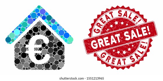 Mosaic Euro loan real estate and rubber stamp watermark with Great Sale! text. Mosaic vector is created with Euro loan real estate icon and with scattered spheric spots.