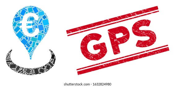 Mosaic Euro location icon and red GPS rubber print between double parallel lines. Flat vector Euro location mosaic icon of scattered rotated rectangle elements. Red GPS watermark with rubber texture.