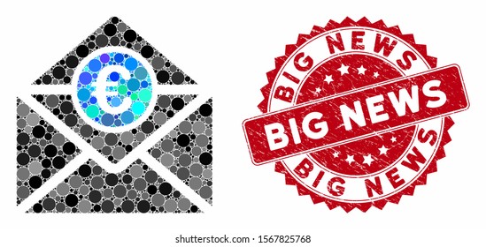 Mosaic Euro mail and distressed stamp seal with Big News phrase. Mosaic vector is composed with Euro mail icon and with randomized circle elements. Big News stamp uses red color, and distress design.