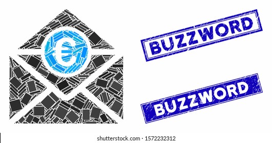 Mosaic Euro mail pictogram and rectangular Buzzword stamps. Flat vector Euro mail mosaic pictogram of scattered rotated rectangular elements. Blue Buzzword rubber stamps with corroded texture.