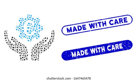 Mosaic Euro maintenance hands and distressed stamp seals with Made with Care caption. Mosaic vector Euro maintenance hands is created with scattered oval items. Made with Care seals use blue color,