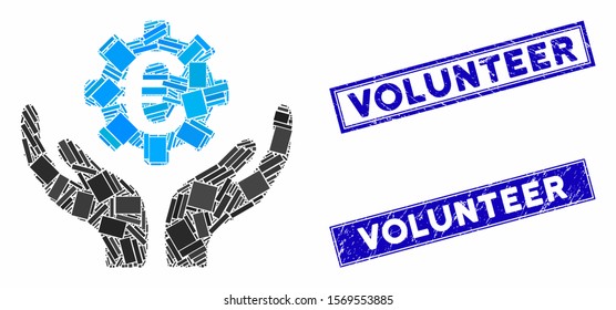 Mosaic Euro maintenance hands icon and rectangular rubber prints. Flat vector Euro maintenance hands mosaic icon of randomized rotated rectangular items. Blue caption rubber seals with dirty textures.