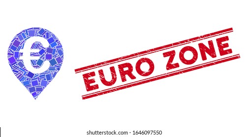 Mosaic Euro map marker icon and red Euro Zone seal stamp between double parallel lines. Flat vector Euro map marker mosaic icon of random rotated rectangle items.
