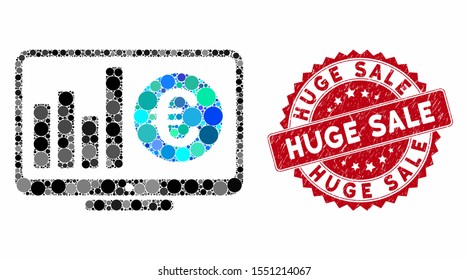 Mosaic Euro market monitoring and corroded stamp seal with Huge Sale caption. Mosaic vector is formed with Euro market monitoring icon and with randomized spheric spots.