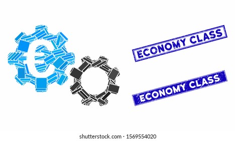 Mosaic Euro mechanics pictogram and rectangular seal stamps. Flat vector Euro mechanics mosaic pictogram of scattered rotated rectangular items. Blue caption stamps with grunge textures.