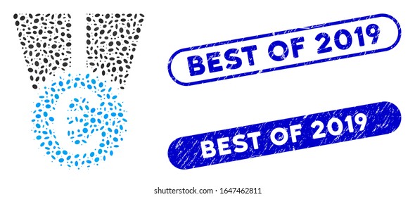 Mosaic Euro medal and rubber stamp seals with Best of 2019 caption. Mosaic vector Euro medal is composed with scattered ellipse parts. Best of 2019 stamp seals use blue color,