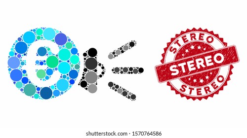 Mosaic Euro megaphone ads and rubber stamp watermark with Stereo caption. Mosaic vector is composed with Euro megaphone ads icon and with random spheric elements. Stereo stamp seal uses red color,