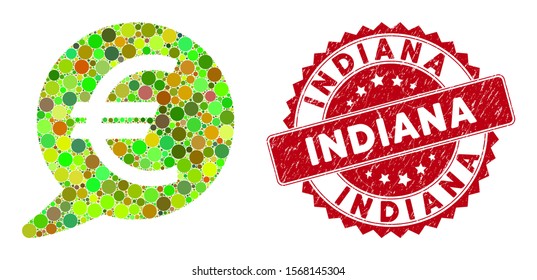 Mosaic Euro message balloon and grunge stamp seal with Indiana phrase. Mosaic vector is designed with Euro message balloon icon and with random circle items. Indiana stamp seal uses red color,