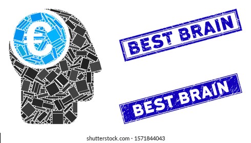 Mosaic euro mind pictogram and rectangular Best Brain rubber prints. Flat vector euro mind mosaic pictogram of randomized rotated rectangular items. Blue Best Brain rubber stamps with grunge textures.