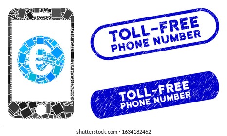 Mosaic Euro mobile balance and grunge stamp watermarks with Toll-Free Phone Number text. Mosaic vector Euro mobile balance is designed with randomized rectangle items.