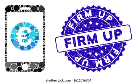 Mosaic Euro mobile balance icon and rubber stamp seal with Firm Up caption. Mosaic vector is composed from Euro mobile balance icon and with randomized circle spots. Firm Up seal uses blue color,