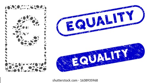 Mosaic Euro mobile balance and rubber stamp seals with Equality text. Mosaic vector Euro mobile balance is formed with scattered elliptic parts. Equality stamp seals use blue color,