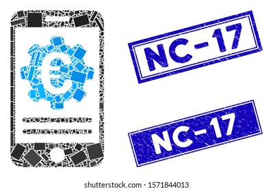 Mosaic Euro mobile banking configuration icon and rectangular Nc-17 stamps. Flat vector Euro mobile banking configuration mosaic icon of random rotated rectangular elements.