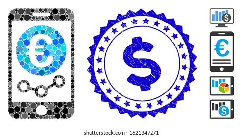 Mosaic Euro mobile market monitoring icon and corroded stamp seal with $ phrase. Mosaic vector is designed from Euro mobile market monitoring icon and with random circle spots.