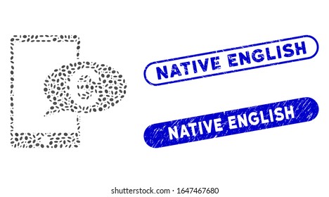 Mosaic Euro mobile message and distressed stamp seals with Native English phrase. Mosaic vector Euro mobile message is created with scattered oval items. Native English stamp seals use blue color,