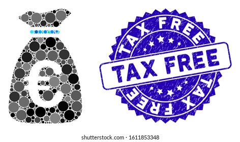 Mosaic Euro money bag icon and rubber stamp seal with Tax Free phrase. Mosaic vector is composed from Euro money bag icon and with scattered spheric items. Tax Free stamp seal uses blue color,