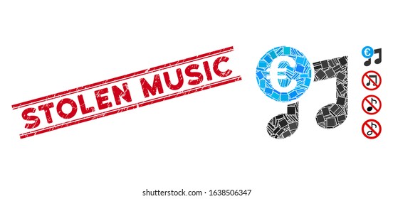 Mosaic Euro music notes pictogram and red Stolen Music rubber print between double parallel lines. Flat vector Euro music notes mosaic pictogram of random rotated rectangular items.