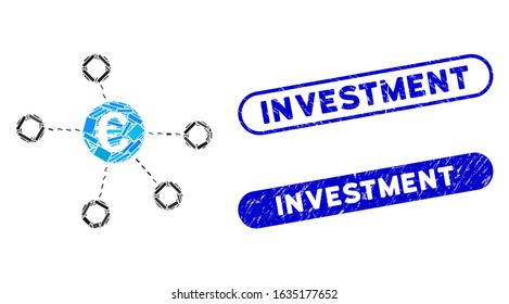 Mosaic Euro network and corroded stamp watermarks with Investment phrase. Mosaic vector Euro network is composed with scattered rectangle items. Investment stamp seals use blue color,