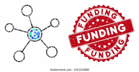 Mosaic Euro network and rubber stamp watermark with Funding phrase. Mosaic vector is created with Euro network icon and with scattered spheric elements. Funding stamp uses red color,