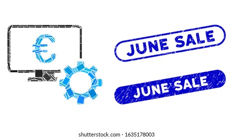 Mosaic Euro online bank options and distressed stamp seals with June Sale text. Mosaic vector Euro online bank options is created with randomized rectangles. June Sale stamp seals use blue color,