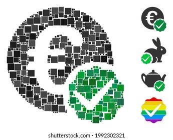 Mosaic Euro only icon organized from square elements in different sizes and color hues. Vector square elements are grouped into abstract mosaic euro only icon. Bonus pictograms are placed.