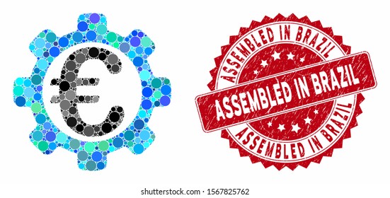 Mosaic Euro options and corroded stamp watermark with Assembled in Brazil phrase. Mosaic vector is formed with Euro options icon and with randomized spheric spots.