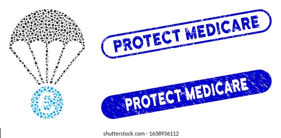 Mosaic Euro parachute and grunge stamp seals with Protect Medicare caption. Mosaic vector Euro parachute is composed with scattered ellipse elements. Protect Medicare stamp seals use blue color,