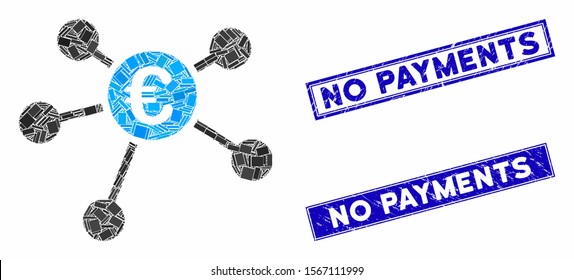 Mosaic Euro payments pictogram and rectangle stamps. Flat vector Euro payments mosaic pictogram of random rotated rectangular elements. Blue caption rubber stamps with grunged textures.