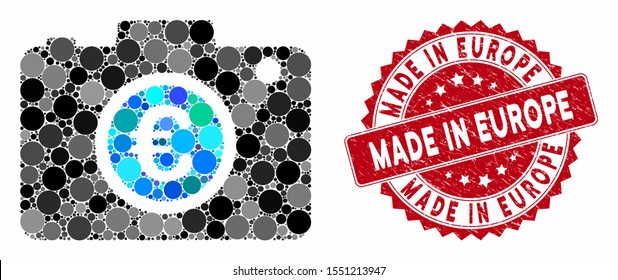 Mosaic Euro photo and distressed stamp seal with Made in Europe phrase. Mosaic vector is composed with Euro photo icon and with randomized round spots. Made in Europe seal uses red color,