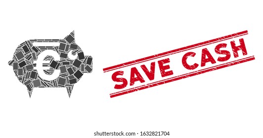 Mosaic Euro piggy bank icon and red Save Cash seal stamp between double parallel lines. Flat vector Euro piggy bank mosaic icon of randomized rotated rectangle items.