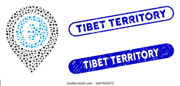 Mosaic Euro pointer and distressed stamp seals with Tibet Territory text. Mosaic vector Euro pointer is formed with scattered elliptic parts. Tibet Territory stamp seals use blue color,