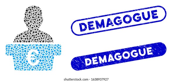 Mosaic Euro politician and distressed stamp seals with Demagogue caption. Mosaic vector Euro politician is created with random ellipse items. Demagogue stamp seals use blue color,