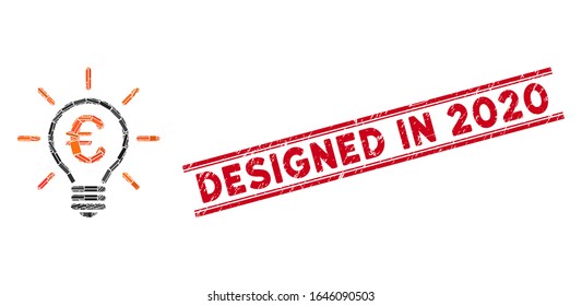 Mosaic Euro power bulb pictogram and red Designed in 2020 rubber print between double parallel lines. Flat vector Euro power bulb mosaic pictogram of random rotated rectangular elements.
