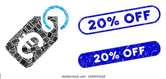 Mosaic Euro price tag and corroded stamp watermarks with 20% Off phrase. Mosaic vector Euro price tag is composed with random rectangle items. 20% Off stamp seals use blue color,