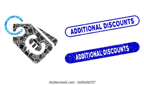 Mosaic Euro price tags and rubber stamp watermarks with Additional Discounts caption. Mosaic vector Euro price tags is composed with scattered rectangle items.