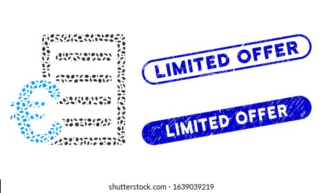 Mosaic Euro pricelist and distressed stamp seals with Limited Offer caption. Mosaic vector Euro pricelist is created with random ellipse dots. Limited Offer stamp seals use blue color,