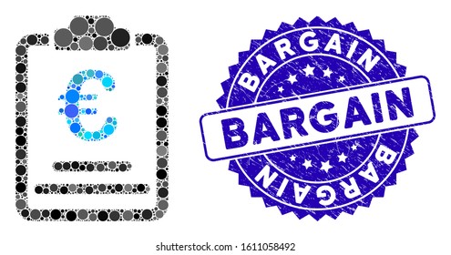 Mosaic Euro prices icon and grunge stamp seal with Bargain text. Mosaic vector is formed from Euro prices icon and with scattered circle items. Bargain stamp seal uses blue color, and grunged design.