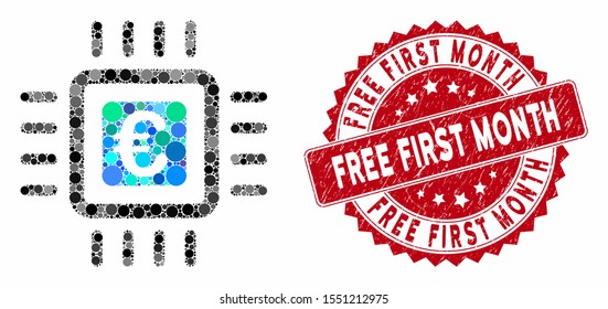 Mosaic Euro processor and grunge stamp seal with Free First Month phrase. Mosaic vector is formed with Euro processor icon and with random round elements. Free First Month seal uses red color,