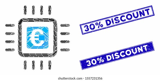 Mosaic Euro processor pictogram and rectangle rubber prints. Flat vector Euro processor mosaic pictogram of scattered rotated rectangle items. Blue caption rubber seals with distress textures.
