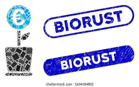 Mosaic Euro project pot and rubber stamp seals with Biorust caption. Mosaic vector Euro project pot is designed with randomized rectangle items. Biorust seals use blue color,