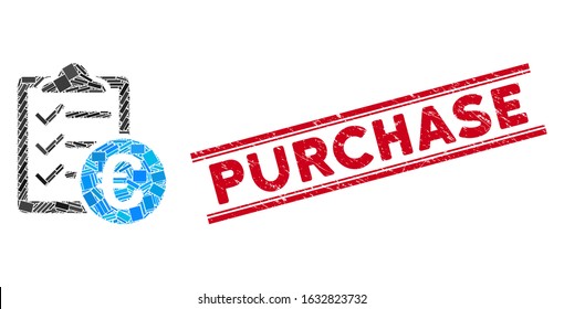 Mosaic Euro purchase pad pictogram and red Purchase rubber print between double parallel lines. Flat vector Euro purchase pad mosaic pictogram of randomized rotated rectangular elements.