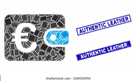 Mosaic Euro purse icon and rectangular stamps. Flat vector Euro purse mosaic icon of randomized rotated rectangular elements. Blue caption watermarks with scratched textures.