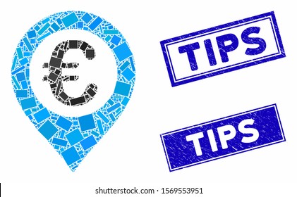 Mosaic Euro pushpin pictogram and rectangular rubber prints. Flat vector Euro pushpin mosaic pictogram of scattered rotated rectangular elements. Blue caption rubber stamps with scratched textures.