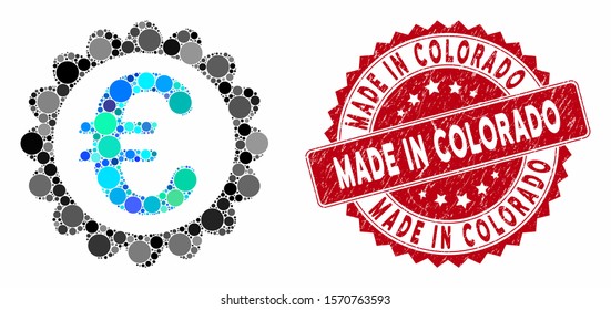 Mosaic Euro quality and distressed stamp seal with Made in Colorado phrase. Mosaic vector is composed with Euro quality icon and with randomized round items.
